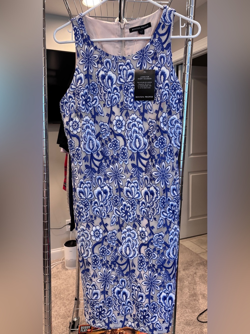Boston Proper blue Floral Embroidered Mesh High Neck lined Sheath dress size 8